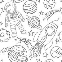 Seamless pattern with space rocket, planets and astronaut. Coloring book in doodle style vector