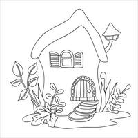 Coloring. Cute fairy house mushroom. Drawing for children. House in the forest. Doodle vector