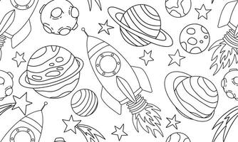 Seamless pattern with space rocket and planets. Coloring book in doodle style. vector