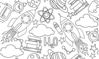 Seamless pattern, back to school. Cute print on the theme of education, school and space in doodle style. Coloring page vector