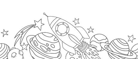 Seamless border with space rocket, planets and astronaut. Coloring page in doodle style vector