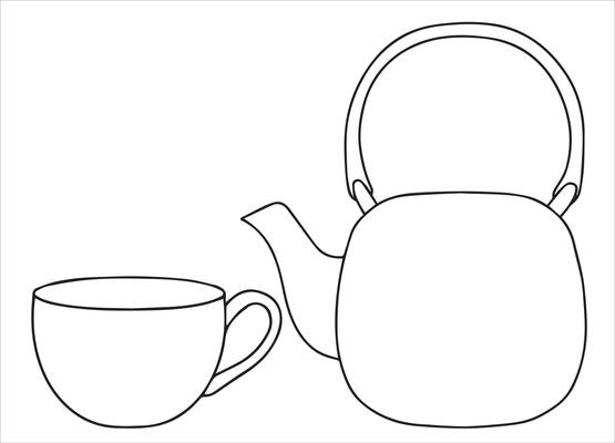 Coloring book. Illustration in doodle style. Set of teapot and cup. Cute vintage teapot and mug for tea