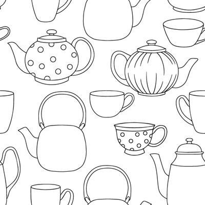 Coloring book. Illustration in doodle style. Seamless pattern of teapots and cups. Cute vintage teapots and mugs for tea