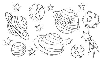Set with outer space, planets, stars and comet. Coloring book for kids in doodle style. vector