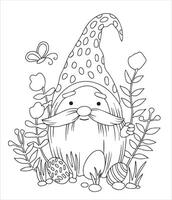 Coloring page. Cute gnome with Easter eggs and flowers. Illustration on Easter theme. Doodle style vector