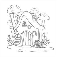 Coloring book. Cute fairy house mushroom. Illustration for children. House in the forest. Doodle vector