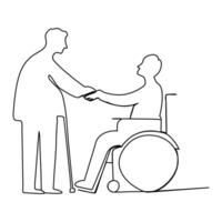 drawing in minimalistic style, elderly man walking with help of crutches, calligraphy vector