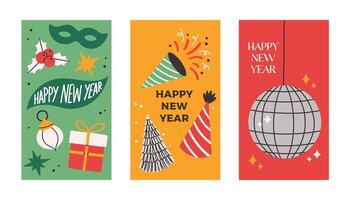 Happy New Year posters set simple flat illustration. Minimal party flyer, brochure voucher template. vector