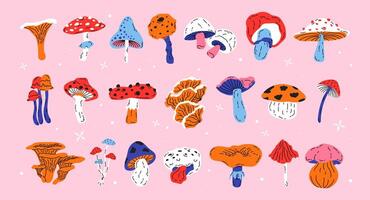 Retro set groovy mushrooms. Hippie cartoon design elements in 90s style. Trendy doodle acid stickers. Colorful poisonous and edible mushrooms. flat illustration in hand drawn style vector