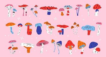 Set of different forest seasonal mushrooms toadstool, chanterelle, fly agaric, boletus. Whimsical cute mushrooms. Autumn set of hand drawn cute design elements. Fall, Thanksgiving Day, Autumn season vector