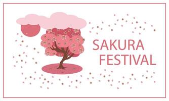 Blooming sakura and sun under clouds on white in frame vector