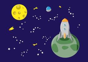 Space landscape with rocket standing on unknown planet - horizontal vector