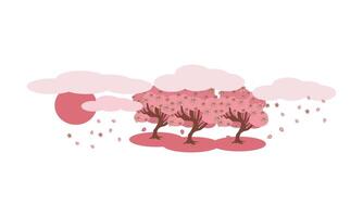 Sakura trees under clouds and red sunset sun on white vector