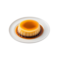 A flan on a plate with caramel sauce png