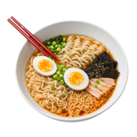 A bowl of ramen with an egg and chopsticks png