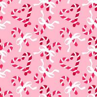 Seamless pattern with Christmas candy canes and bows on pink background. Romantic background design for fabric, wrapping paper, textile, wallpaper vector