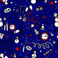 Merry X-mas pattern with doodle elements in white, blue and red colours vector