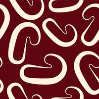 seamless pattern with New Year icons of Christmas long candy drawn in line art style on a dark red background vector