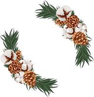 two Christmas semicircular frames with various forest cones and cotton flowers placed on coniferous twigs vector