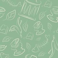 seamless pattern with various types of garbage and a garbage can drawn in outline on a green background, to fight against environmental pollution day vector