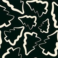 seamless pattern of Christmas tree icons drawn in line art style on a dark green background vector