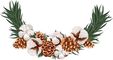 large semicircular frame with coniferous branches on which various cones and various cotton flowers are placed vector