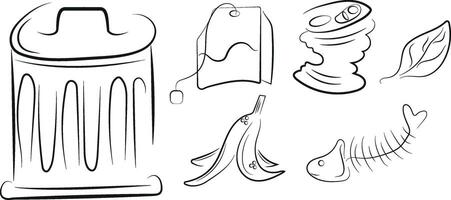 set of different kind of garbage, namely banana peel, tin can, fish backbone, tea bag drawn in black outline vector