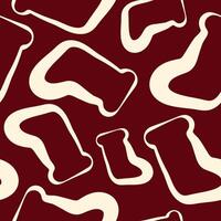 seamless pattern of New Year icons of Santa Claus socks drawn in line art style on dark red background, for Christmas packaging, textiles or cards vector