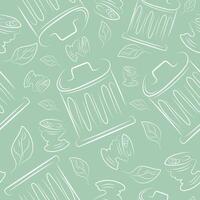 seamless pattern with tin cans and dustbins on a pastel green background, to fight against environmental pollution day vector