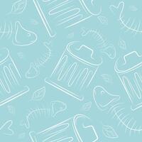 organic garbage seamless pattern, namely the spine of eaten fish and garbage cans drawn in outline, on a blue background vector