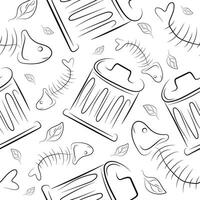 organic garbage seamless pattern, namely the spine of eaten fish and garbage cans drawn in outline, to fight against environmental pollution day vector