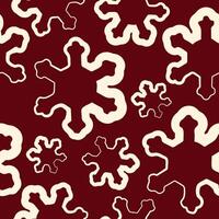 seamless pattern of unusual snowflake Christmas icons drawn in line art style on a dark red background vector