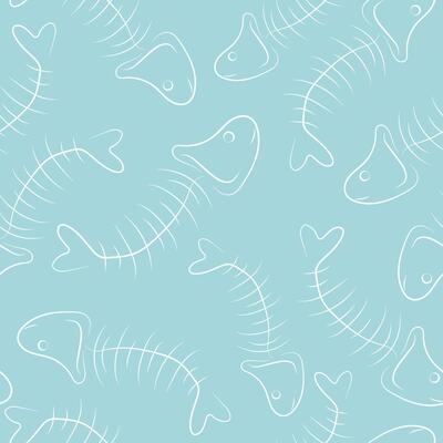 organic garbage seamless pattern, namely the spine of eaten fish, drawn in outline, on a blue background, to fight against environmental pollution day