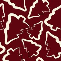 seamless pattern of Christmas tree icons drawn in line art style on a dark red background vector