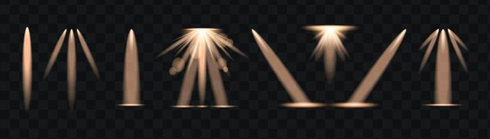Gold light rays and beams effect set. Glow isolated transparent lights, lens flare, explosion, glitter and spotlights. Abstract effect. vector