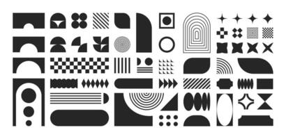 Abstract retro shapes, basic brutal forms and figures in Y2K aesthetics, colorful vintage stickers, logos, labels. Decorative design elements, illustration. vector