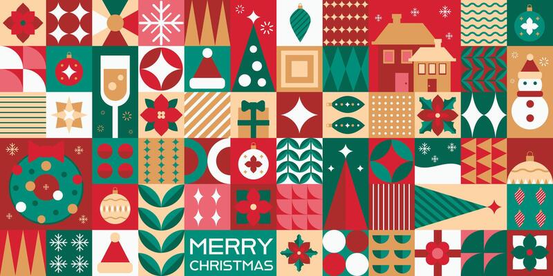 Christmas and New Year geometric composition with holiday symbols, fir trees, gifts, toys and abstract forms. Celebration greeting, banner and background. illustration.