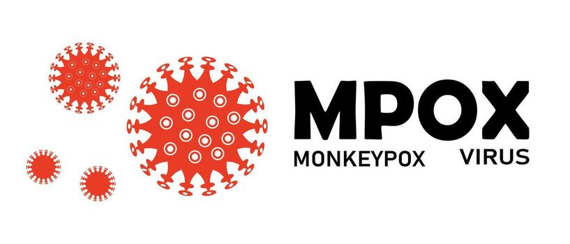 Graphic depiction of the monkeypox virus with large, stylized red virus particles and bold MPOX text on a white background. vector