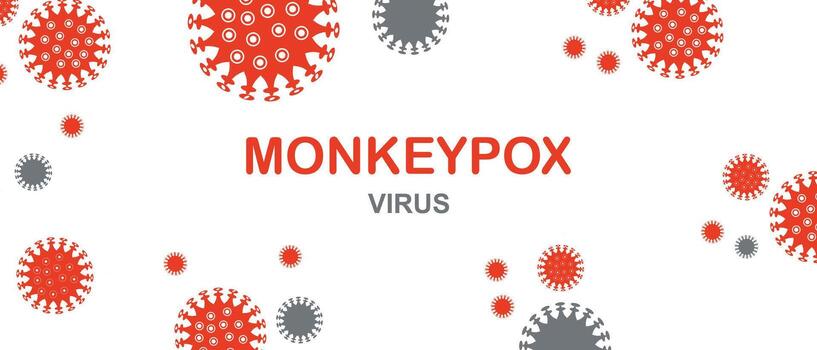 Stylized illustration of monkeypox virus particles in red and gray with bold Monkeypox Virus text on a white background. vector