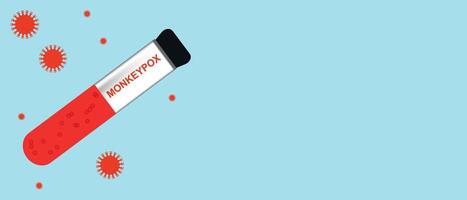 Test tube with red liquid labeled Monkeypox surrounded by virus particles on a light blue background. vector