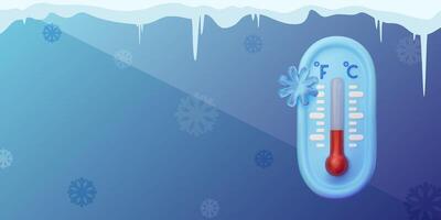 Cold warning copy space illustration. Weather alert. 3D thermometer with snowflake on gradient blue background vector