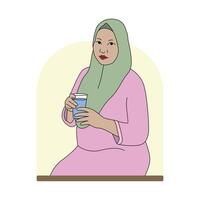 Muslim Hijab Woman Holding a Glass of Mineral Water. The Healthy Hydration Routine for Islamic Women to Stay Refreshed and Prevent Dehydration During Fasting Days. Smiling Model Illustration vector