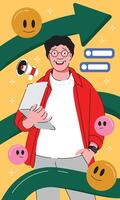 A Smiling Man Holding a Laptop Surrounded by Bright, Cheerful Smiley Face Icons, Symbolizing Happiness, Positivity, Digital Connectivity, and Friendly Interaction in a Tech Driven Environment vector