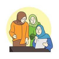 Professional Muslim Women Working Together on Tablets in a Modern Office Setting, Fostering Empowerment, Innovation, and Collaboration in Workplace Environment vector