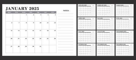 2025 Calendar with notes, 12 month vector