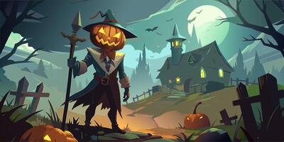 Colored square poster on the theme of Halloween with pumpkin ghost. vector