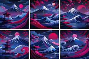 Set of colored images of Japanese themes. vector