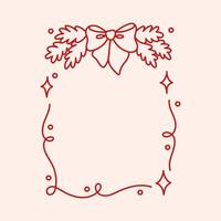 Christmas frame with coquette pretty charming bow, stars and spruce branches. Hand drawn trendy holiday border. Winter vintage frame with bowknot for greeting cards, invitations, social media vector