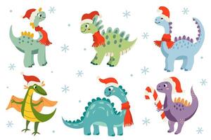 Christmas set of illustrations of a cute little dinosaurs in a flat style. Friendly and playful design is ideal for Xmas greeting cards, party invitations vector