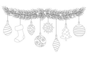 Garland with Christmas ornaments and decorations. Contour drawing illustration isolated on white. Black outline. Great for coloring, Xmas and New year greeting cards vector